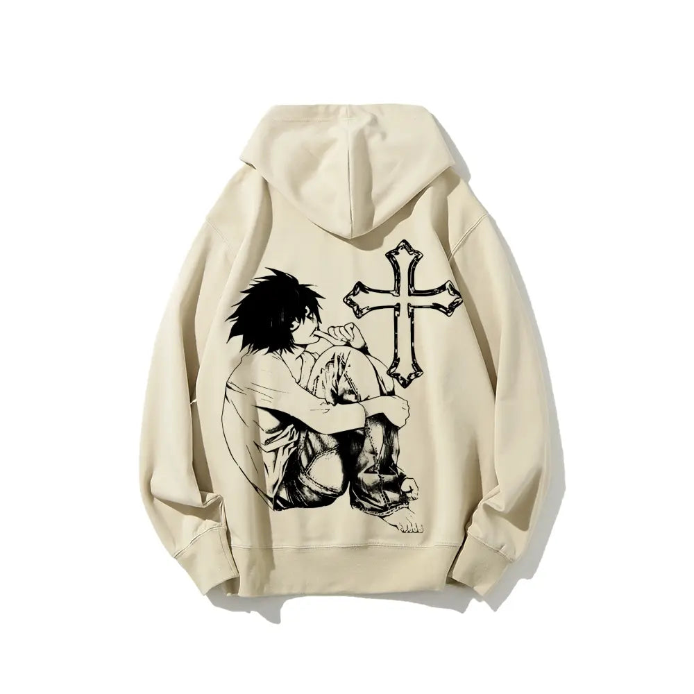 Men's Retro Classic Death Note L Graphic Hoodie - Soft Cotton Tops, Unisex Fashion Casual Anime Streetwear, Oversized Breathable Sweatshirts, Birthday Gift, Graphic Hoodies - View 5