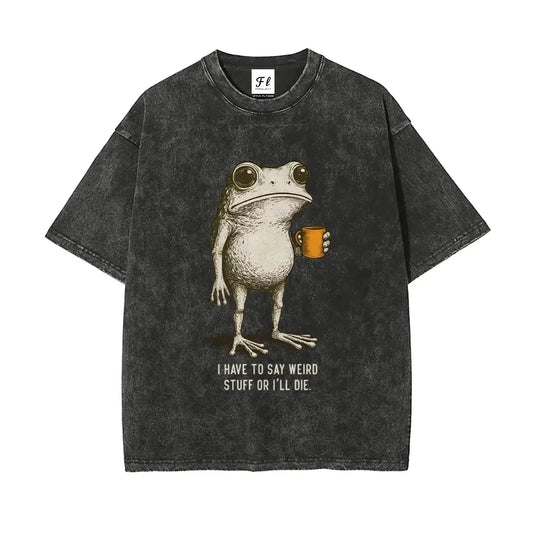 "I HAVE TO SAY WEIRD STUFF "Funny Frog Oversized Vintage Graphic T-Shirt, Retro Streetwear Casual Top in Soft Eco-Friendly Washed Stretch Cotton, Fabric - View 2