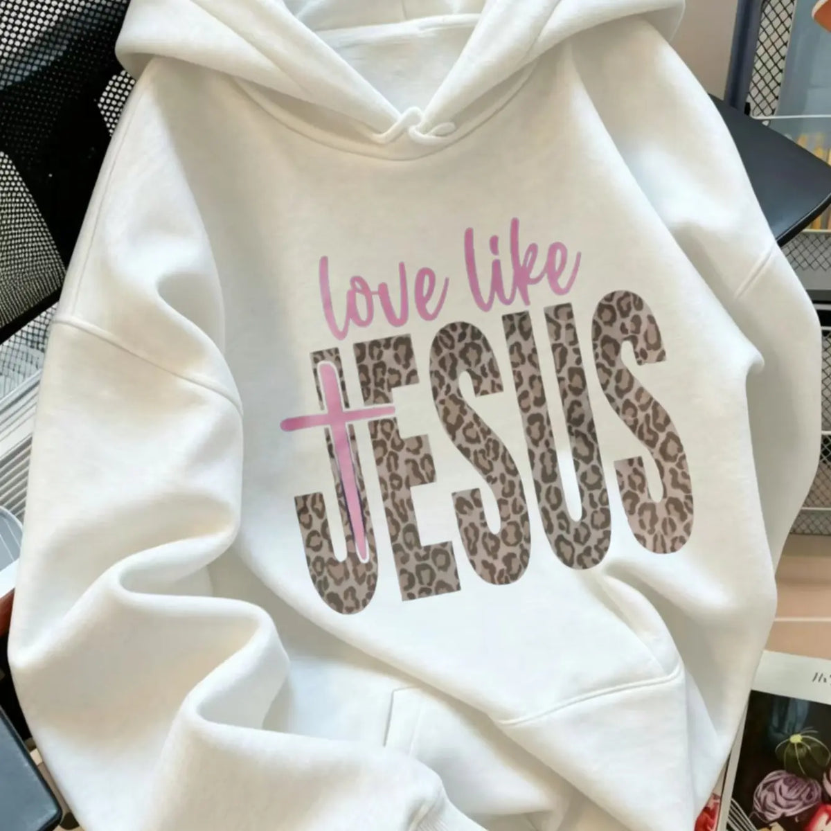 Women's Long-Sleeve Oversized Cotton-Blend Hoodie - Leopard Print Christian Love Message Crew Neck, Cute Look Pullover, Fall Casual Church Top, Longsleeves Hoodies for Women