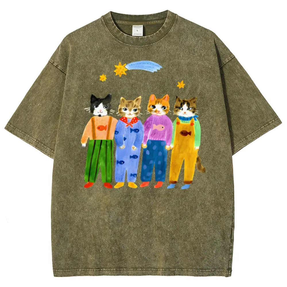 Men's Retro Hand-Painted Funny Cats In Overalls Graphic Vintage 90s Short-Sleeve Round-Neck Unisex Oversized Menswear T-Shirt, Breathable Fabric, Streetwear & Vacation Outfits - View 16