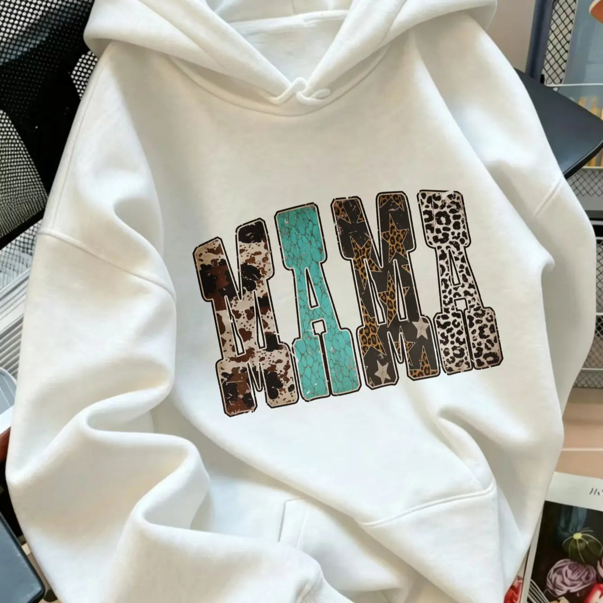 Women's Western Mama Graphic Pullover Hoodie - Cotton Blend, All-Seasons, Casual Vintage, Medium Cut, Country Leopard/Cow Print, Turquoise Letter, Pocketed, Cozy Loose Tops, Winter Outfits, Mother's Day Gift, Women's Clothing, Leopard Stuff