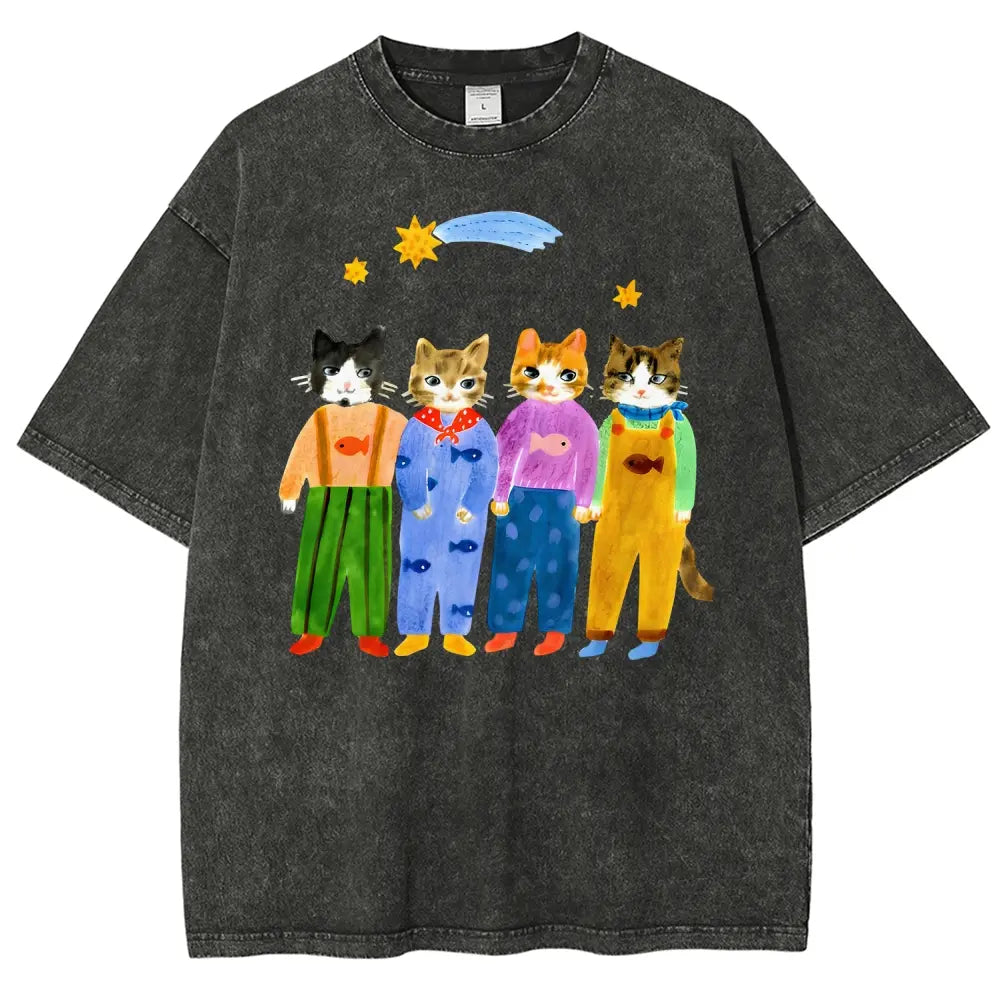 Men's Retro Hand-Painted Funny Cats In Overalls Graphic Vintage 90s Short-Sleeve Round-Neck Unisex Oversized Menswear T-Shirt, Breathable Fabric, Streetwear & Vacation Outfits - View 8
