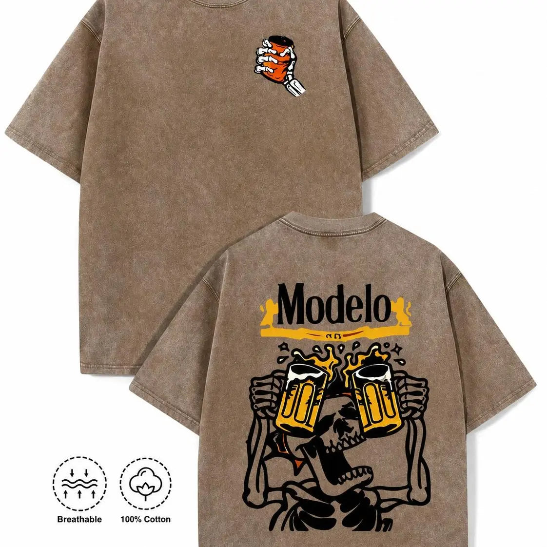Vintage Acid Wash Skeleton Drinking Beer Graphic Tee Grunge Streetwear Y2K Clothing Oversized Summer Top loose fit casual shirt cotton t-shirt - View 12