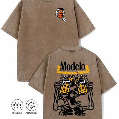 Vintage Acid Wash Skeleton Drinking Beer Graphic Tee Grunge Streetwear Y2K Clothing Oversized Summer Top loose fit casual shirt cotton t-shirt - View 12