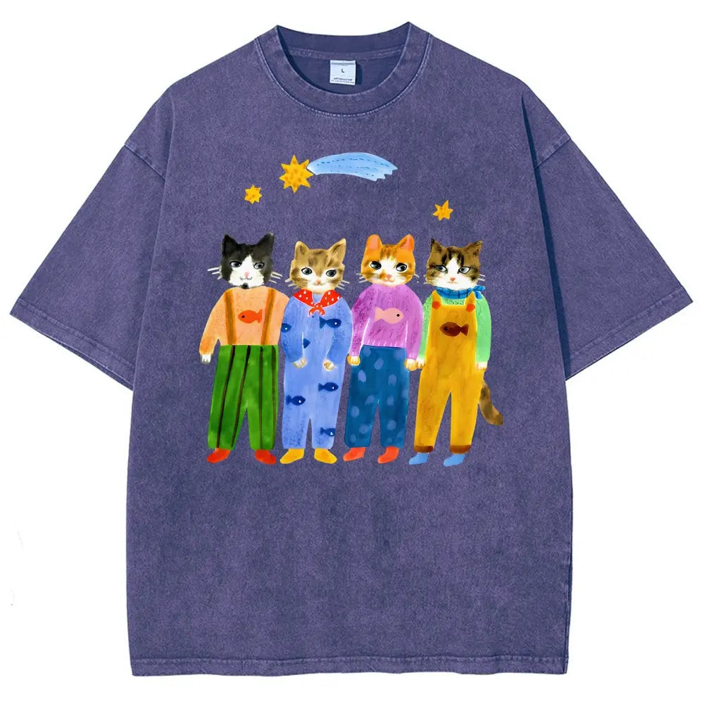 Men's Retro Hand-Painted Funny Cats In Overalls Graphic Vintage 90s Short-Sleeve Round-Neck Unisex Oversized Menswear T-Shirt, Breathable Fabric, Streetwear & Vacation Outfits - View 1