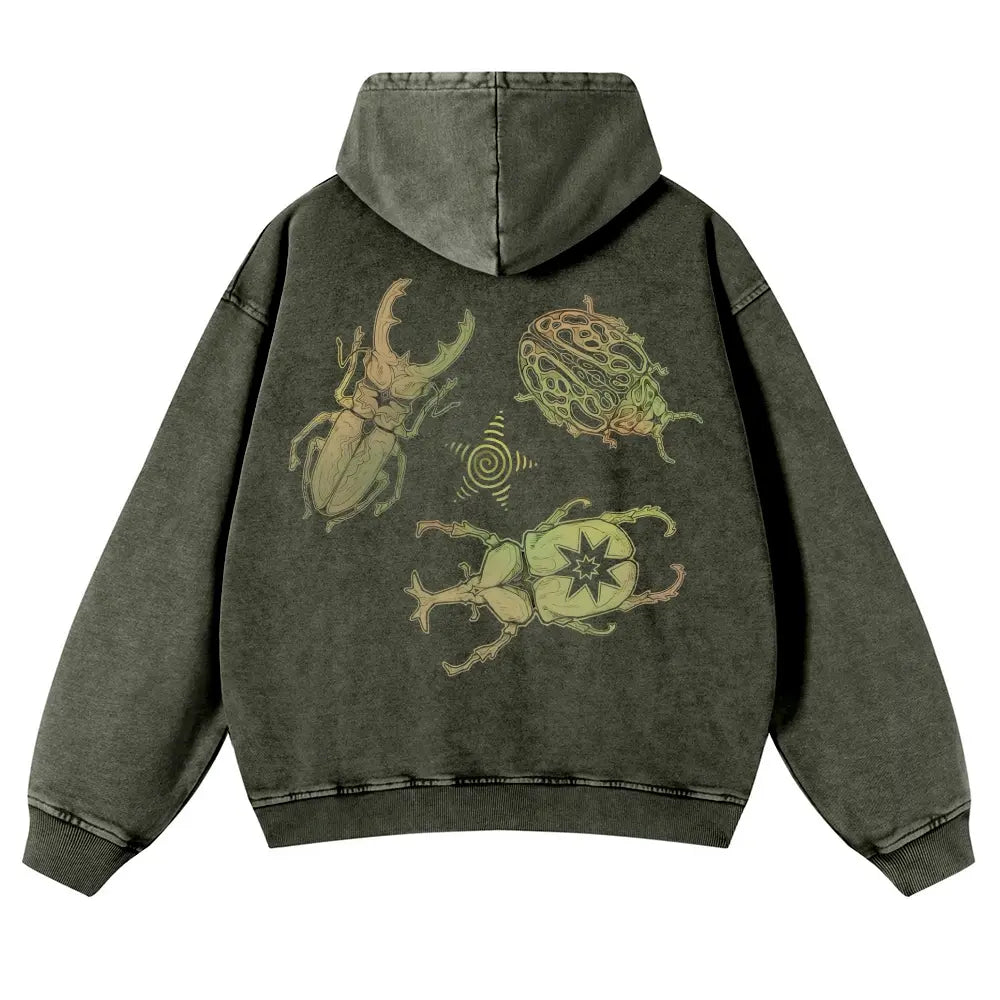 Men's Vintage Washed Oversized Long Sleeve Hoodie - Thick Cotton Blend Psychedelic Beetle Graphic Pullover, Plus Size Vintage Casual Streetwear Clothing for Jeans Pairing - View 6