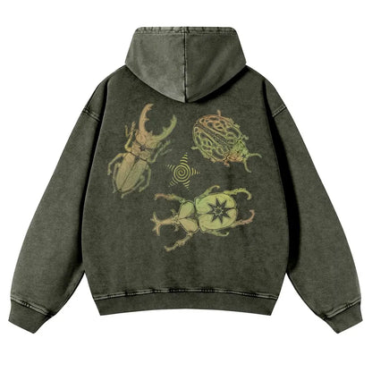 Men's Vintage Washed Oversized Long Sleeve Hoodie - Thick Cotton Blend Psychedelic Beetle Graphic Pullover, Plus Size Vintage Casual Streetwear Clothing for Jeans Pairing - View 6