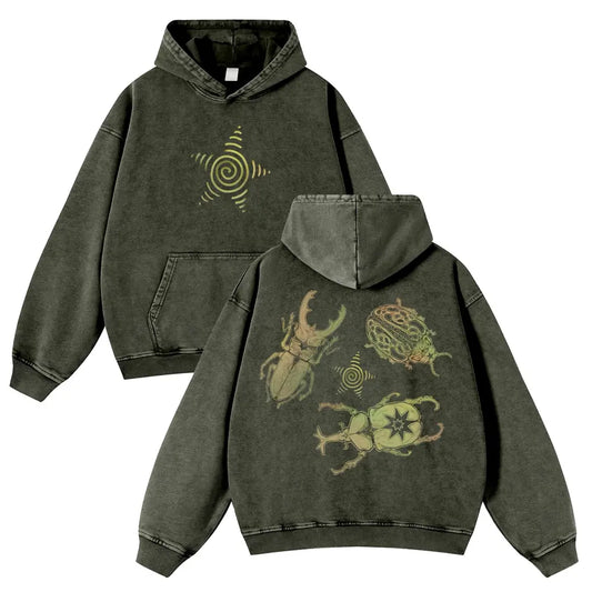 Men's Vintage Washed Oversized Long Sleeve Hoodie - Thick Cotton Blend Psychedelic Beetle Graphic Pullover, Plus Size Vintage Casual Streetwear Clothing for Jeans Pairing - View 1