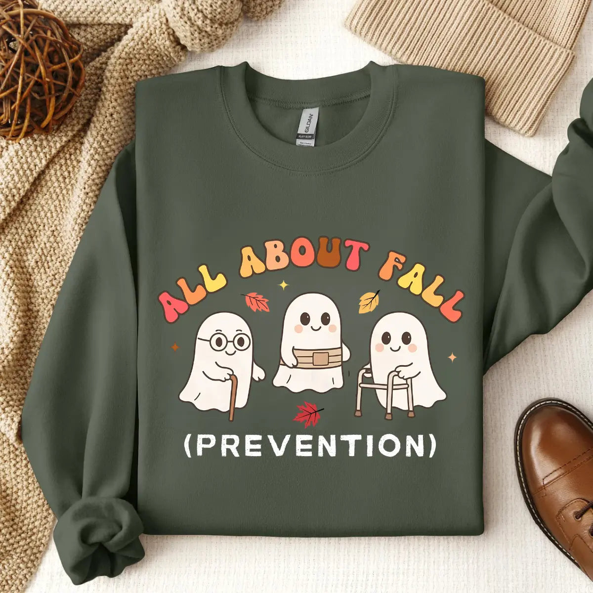 All About Fall Prevention Ghost Sweatshirt or T-Shirt, Cute Halloween Nursing Sweater, Funny Ghost Fall Safety Shirt, Autumn Occupational Therapy Gift - View 3