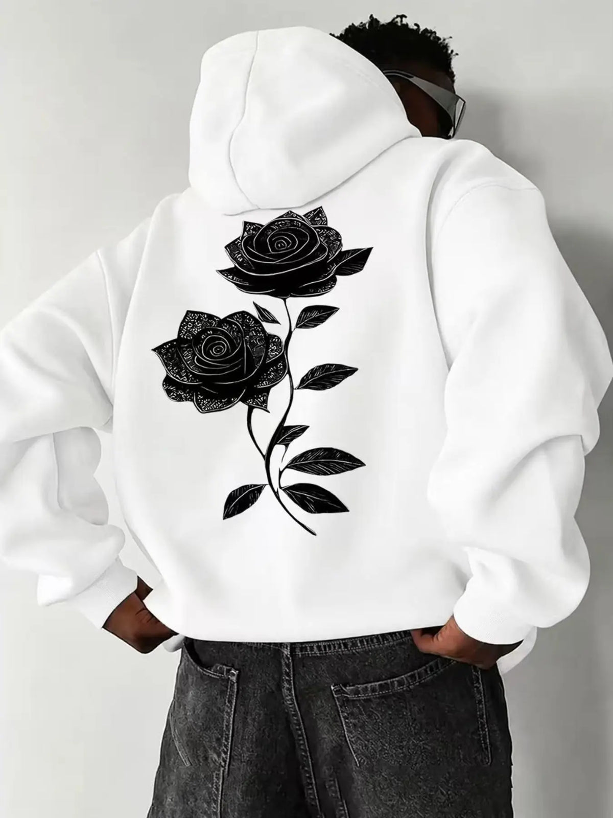 Oversized Drawstring Hoodie with Pocket, Dual Vintage Black Rose Line-Art Prints on the Chest and Back, Soft Long-Sleeve Gothic Streetwear Sweatshirt #RosePrintHoodie #GothicStreetwear #DarkAestheticTop #DualPrintHoodie - View 3