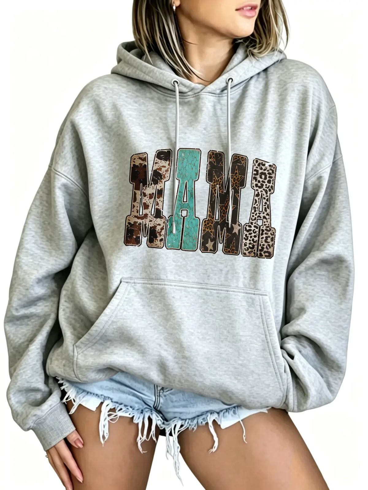 Women's Western Mama Graphic Pullover Hoodie - Cotton Blend, All-Seasons, Casual Vintage, Medium Cut, Country Leopard/Cow Print, Turquoise Letter, Pocketed, Cozy Loose Tops, Winter Outfits, Mother's Day Gift, Women's Clothing, Leopard Stuff - View 1
