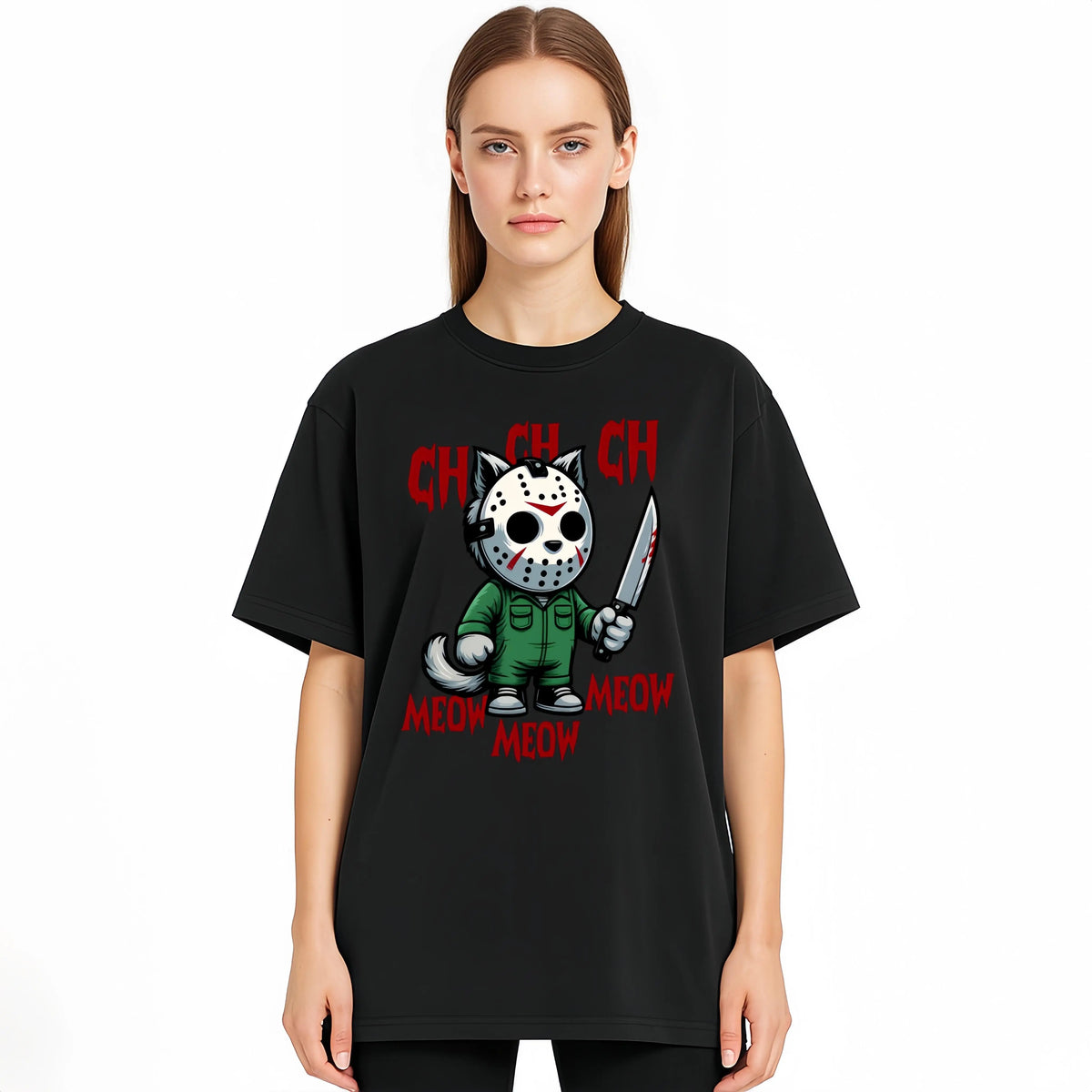 MEOW Scary Cat Print Short Sleeve Unisex Oversized Gothic Y2K Halloween Gift Soft Cotton Loose Fit Casual Top - View 10
