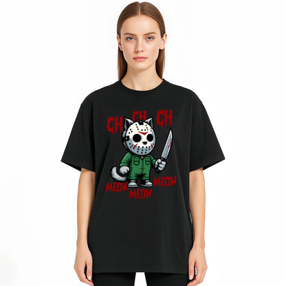 MEOW Scary Cat Print Short Sleeve Unisex Oversized Gothic Y2K Halloween Gift Soft Cotton Loose Fit Casual Top - View 10