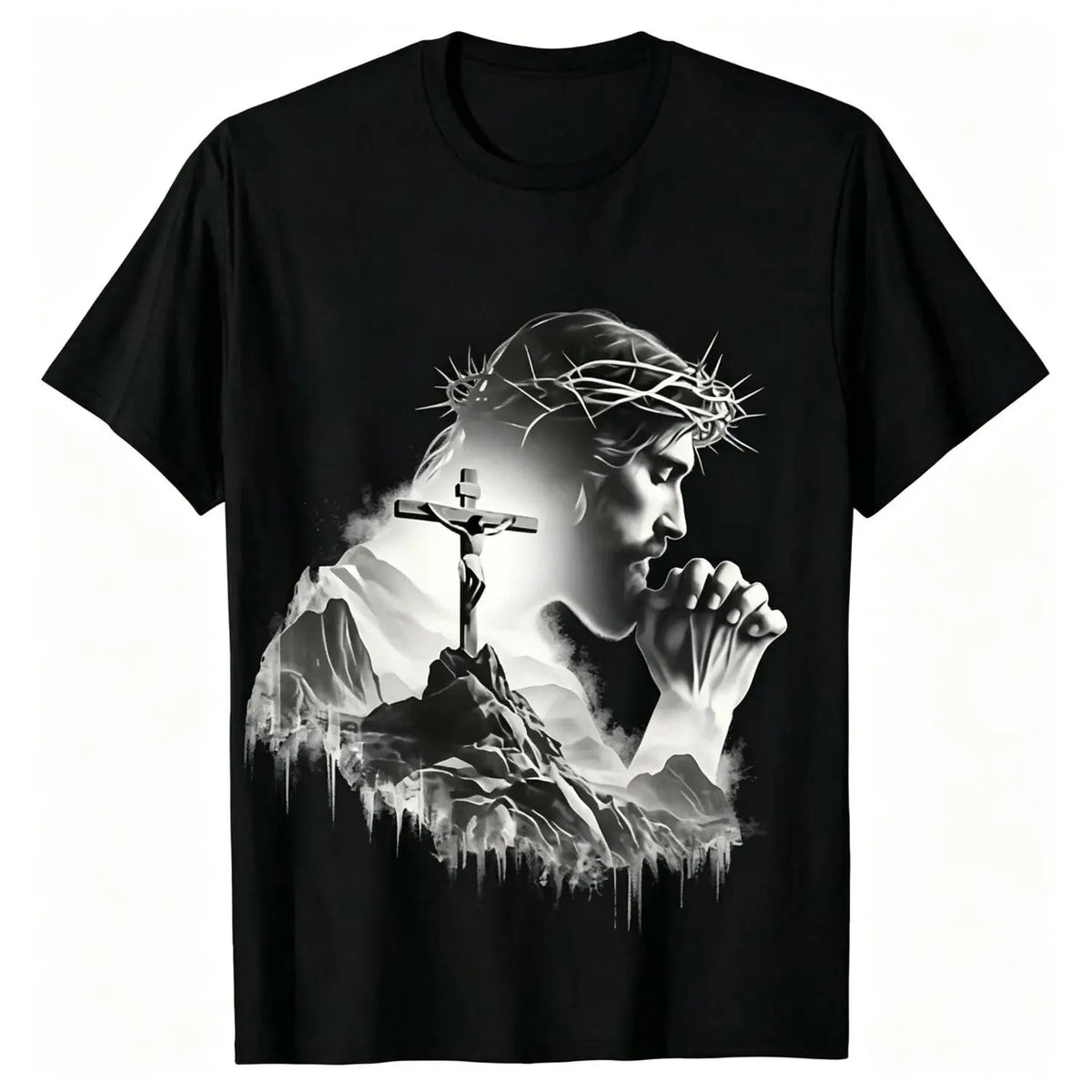 Summer t Shirts Jesus Praying Crown of Thorns Cross Mountain Christian T-Shirt, Faith Based Religious Graphic Tee for Men Women, Vintage Christian Gift, Jesus Lover Shirt, Trendy Christian Apparel - View 1
