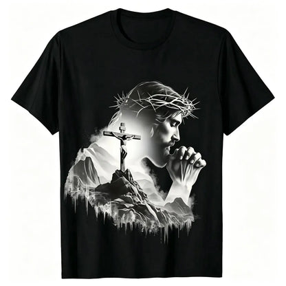 Summer t Shirts Jesus Praying Crown of Thorns Cross Mountain Christian T-Shirt, Faith Based Religious Graphic Tee for Men Women, Vintage Christian Gift, Jesus Lover Shirt, Trendy Christian Apparel - View 1