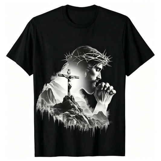 Summer t Shirts Jesus Praying Crown of Thorns Cross Mountain Christian T-Shirt, Faith Based Religious Graphic Tee for Men Women, Vintage Christian Gift, Jesus Lover Shirt, Trendy Christian Apparel - View 1