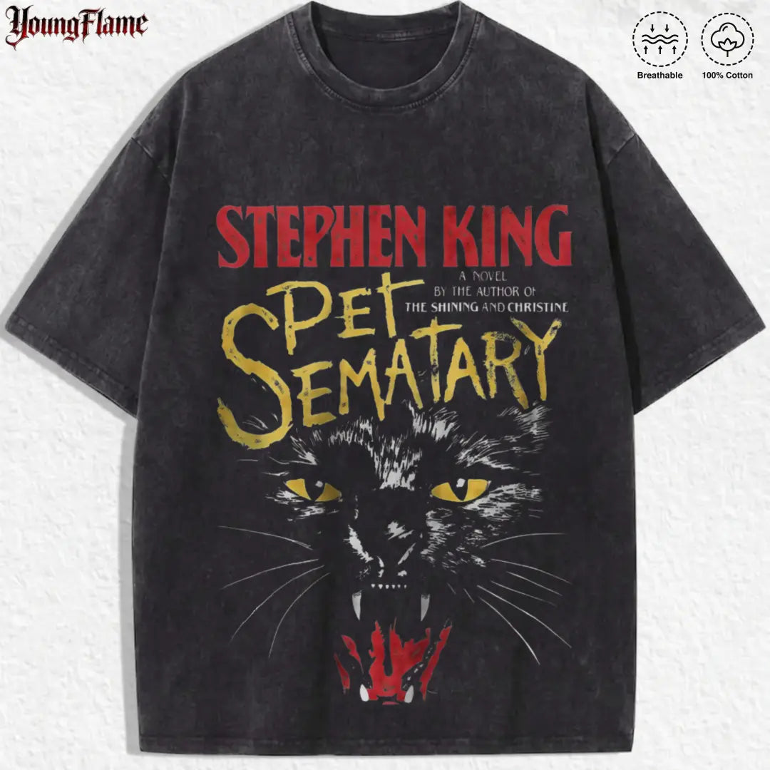 Creepy Black Cat Thriller graphic tee | Vintage Book t shirt | Grunge streetwear y2k clothing | Cool fathers day gift ideas good graphic tee fashionable t-shirt acid wash clothes Casual Menswear - View 1