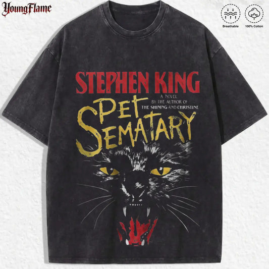 Creepy Black Cat Thriller graphic tee | Vintage Book t shirt | Grunge streetwear y2k clothing | Cool fathers day gift ideas good graphic tee fashionable t-shirt acid wash clothes Casual Menswear - View 1