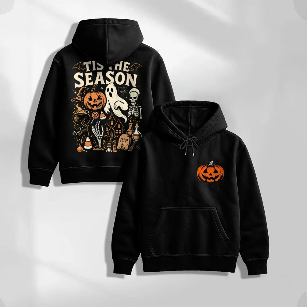 Halloween Spooky Season Graphic Hoodie, Pumpkin Ghost Skeleton Front and Back Print Pullover Sweatshirt, Vintage Horror Long Sleeve Streetwear Hoodie for Halloween Party, Fall and Daily Wear - View 4
