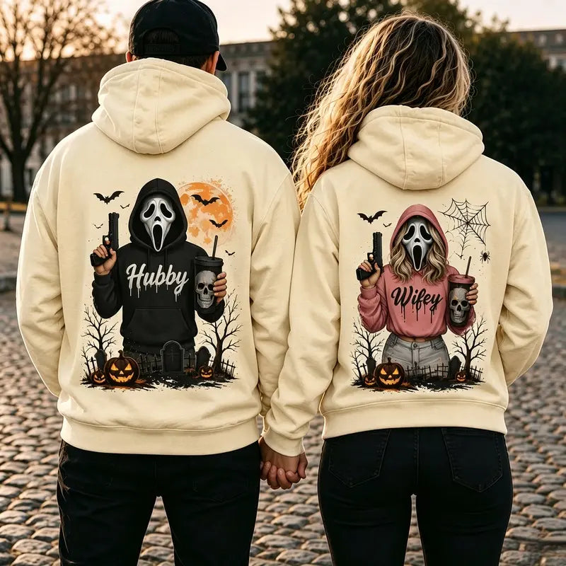 [A piece of clothing]Hubby Wifey Halloween Spooky Season Couple Matching Hoodies Casual Street Style Fleece Fabric Pullover Hooded Sweatshirt Tops Trendy for Women for Men - View 4