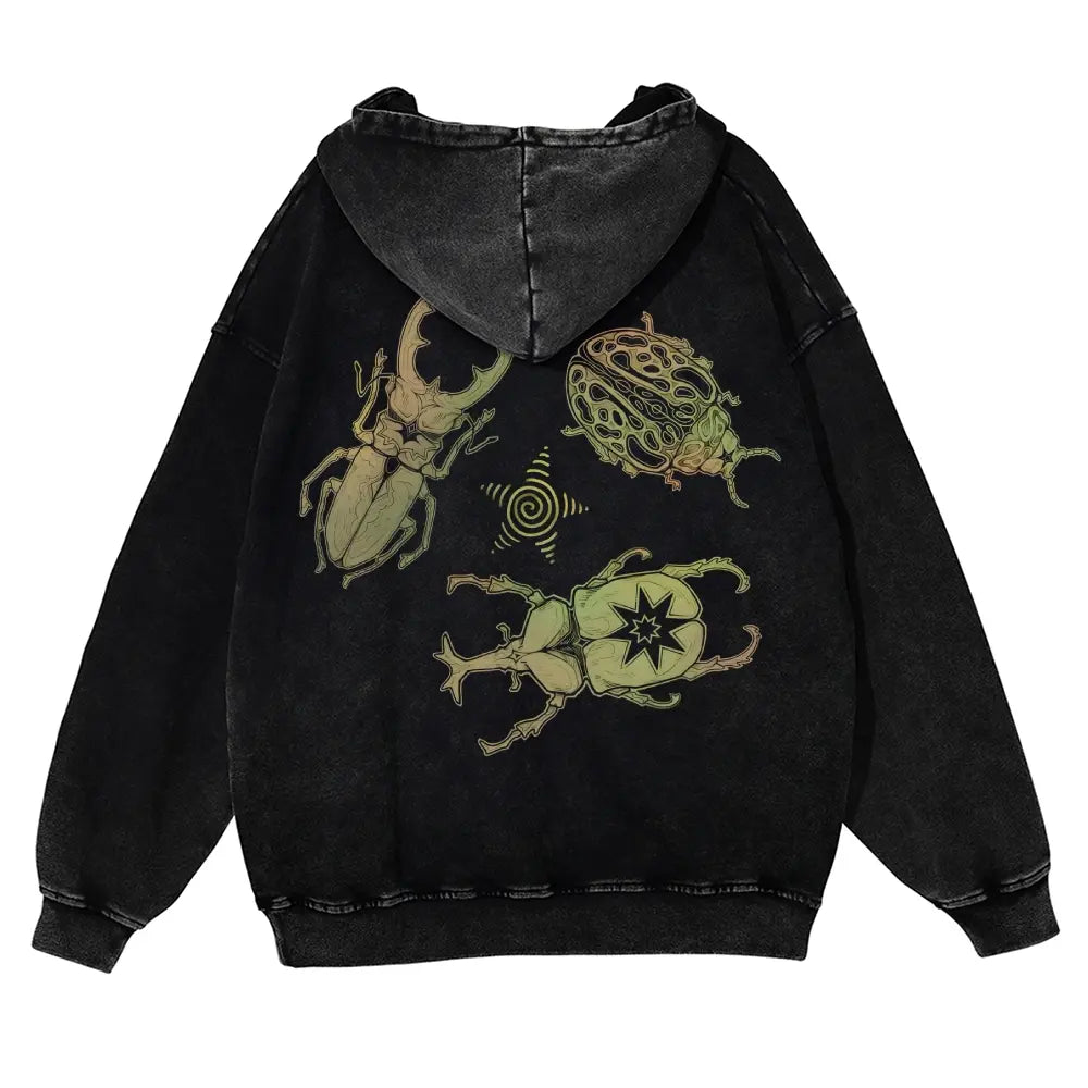 Men's Vintage Washed Oversized Long Sleeve Hoodie - Thick Cotton Blend Psychedelic Beetle Graphic Pullover, Plus Size Vintage Casual Streetwear Clothing for Jeans Pairing - View 3