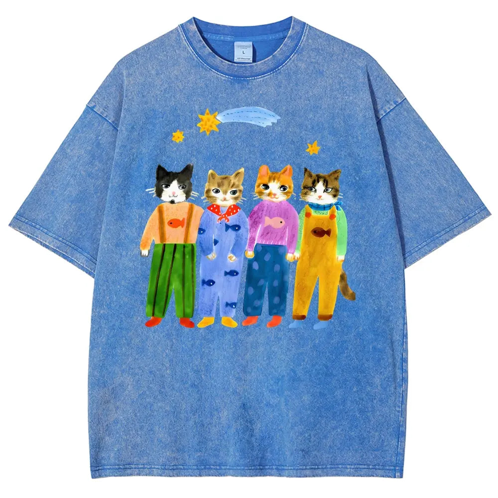 Men's Retro Hand-Painted Funny Cats In Overalls Graphic Vintage 90s Short-Sleeve Round-Neck Unisex Oversized Menswear T-Shirt, Breathable Fabric, Streetwear & Vacation Outfits - View 5