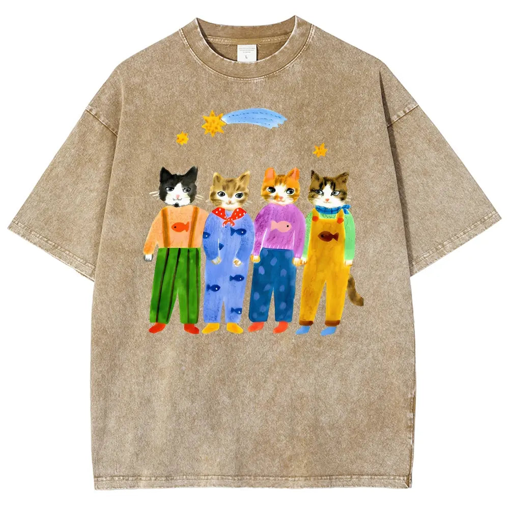 Men's Retro Hand-Painted Funny Cats In Overalls Graphic Vintage 90s Short-Sleeve Round-Neck Unisex Oversized Menswear T-Shirt, Breathable Fabric, Streetwear & Vacation Outfits - View 11