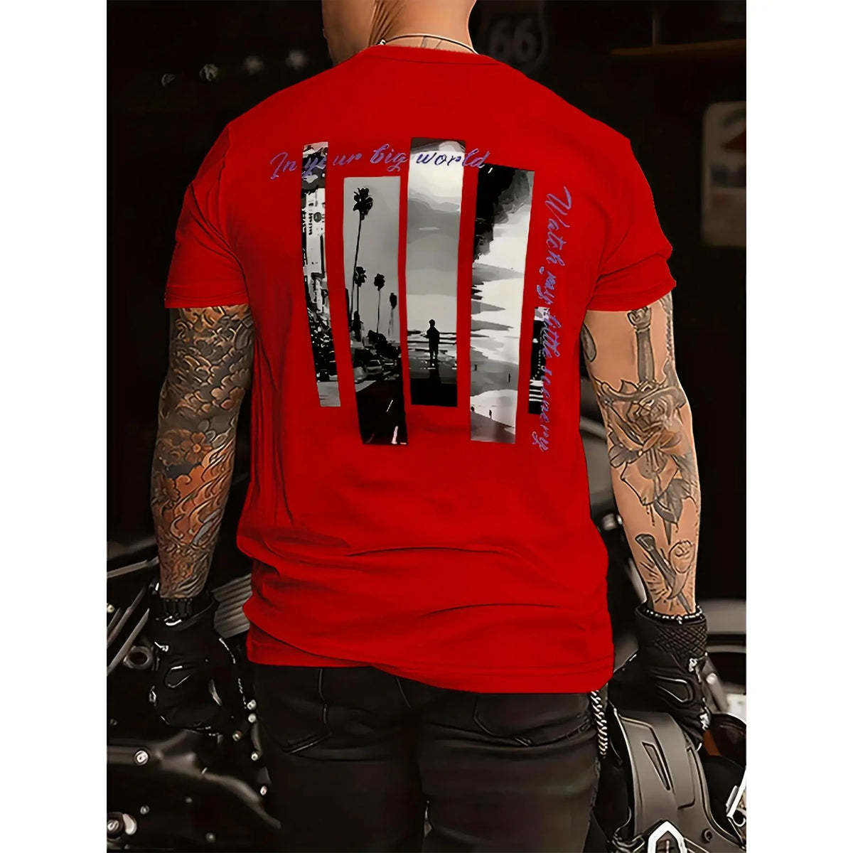 Men's Stylish Red Cotton Print T-Shirt - Stretch Shortsleeve Crew Neck, Comfort Fit Menswear, Casual Streetwear with Palm Tree & "In Your Big World" Design, Smooth Texture Everyday Tee #Summervibes - View 3
