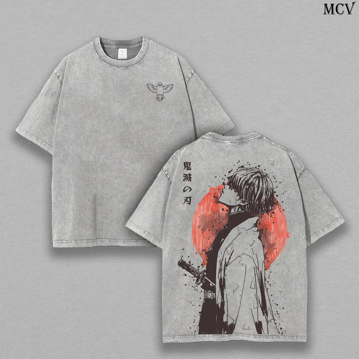 Retro Vintage Limited Zenitsu Agatsuma Demon Slayer Anime Double Printed Washed Tee Unisex Oversize Anime Manga Washed Lightweight Cotton T-Shirt Gift For Anime Fan Casual Style Apparel Oversized - View 1