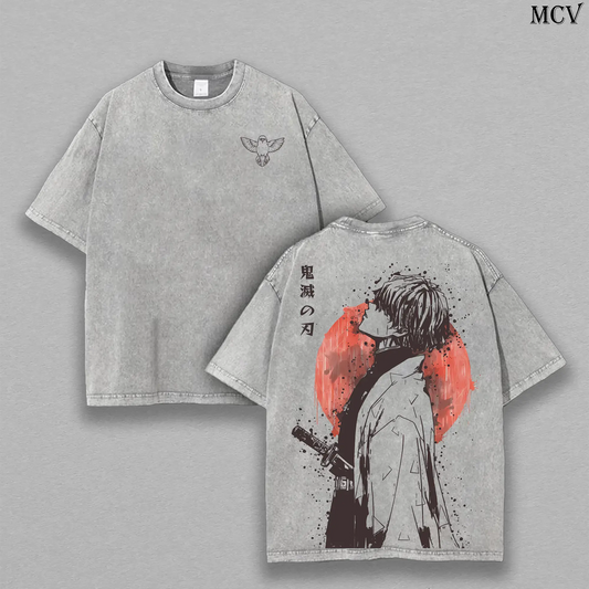 Retro Vintage Limited Zenitsu Agatsuma Demon Slayer Anime Double Printed Washed Tee Unisex Oversize Anime Manga Washed Lightweight Cotton T-Shirt Gift For Anime Fan Casual Style Apparel Oversized - View 1