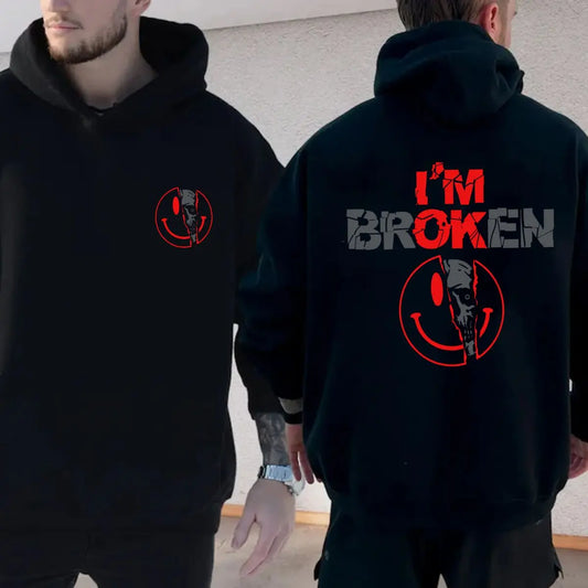 Unisex Cotton Graphic Round Neck Sweatshirt - 2-Sided 'I'm Broken' Smile Face Digital Print, Loose-Fitting T-Shirt, Long Sleeve Sporty Chic Garment, Customized All-Season Casual Streetwear, Machine Washable - View 3