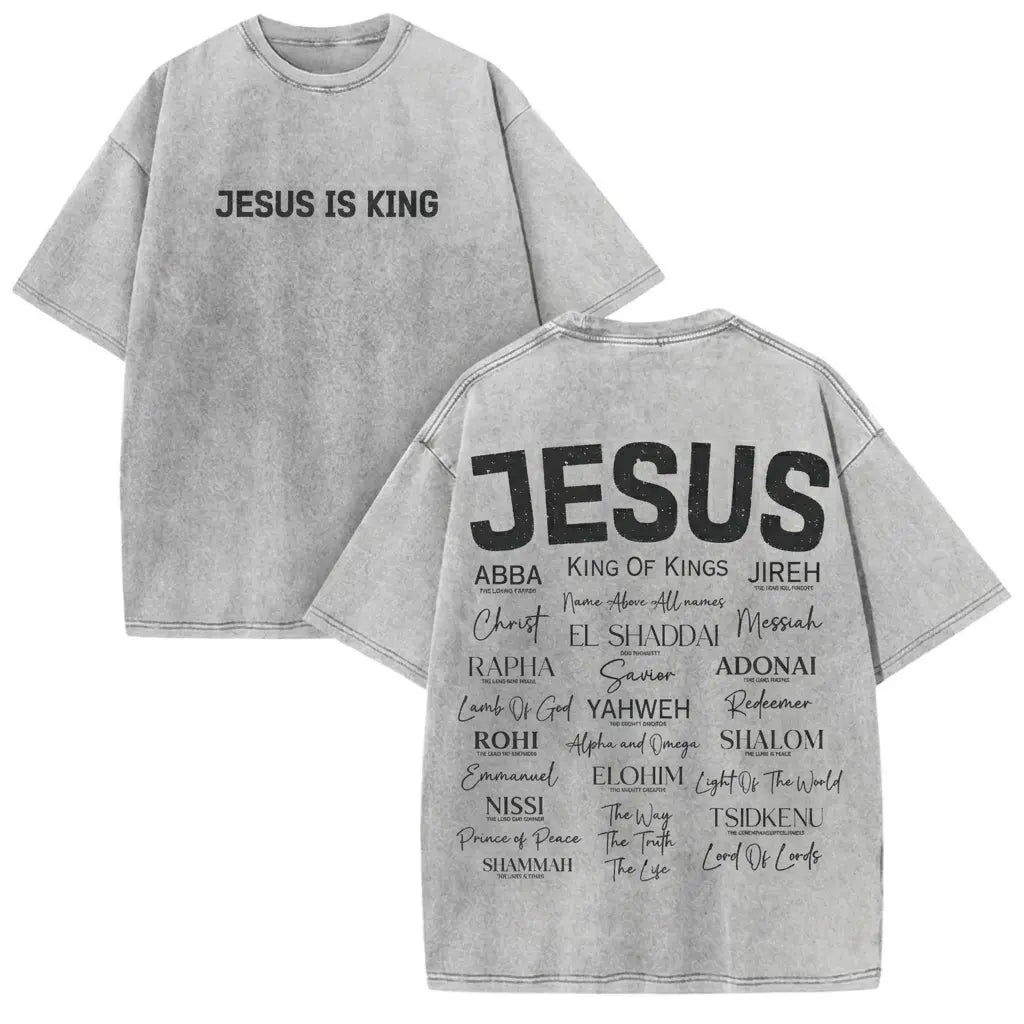 Jesus Is King Christian Graphic T Shirt Acid Wash Oversized Vintage Retro Heavyweight Cotton Tee Names Of God Typography Faithcore Streetwear Y2K Pump Cover Gym Apparel Bible Verse Religion Loose Fit Summer Casual Top Men Women Trendy Fits, Prints, Breath - View 9