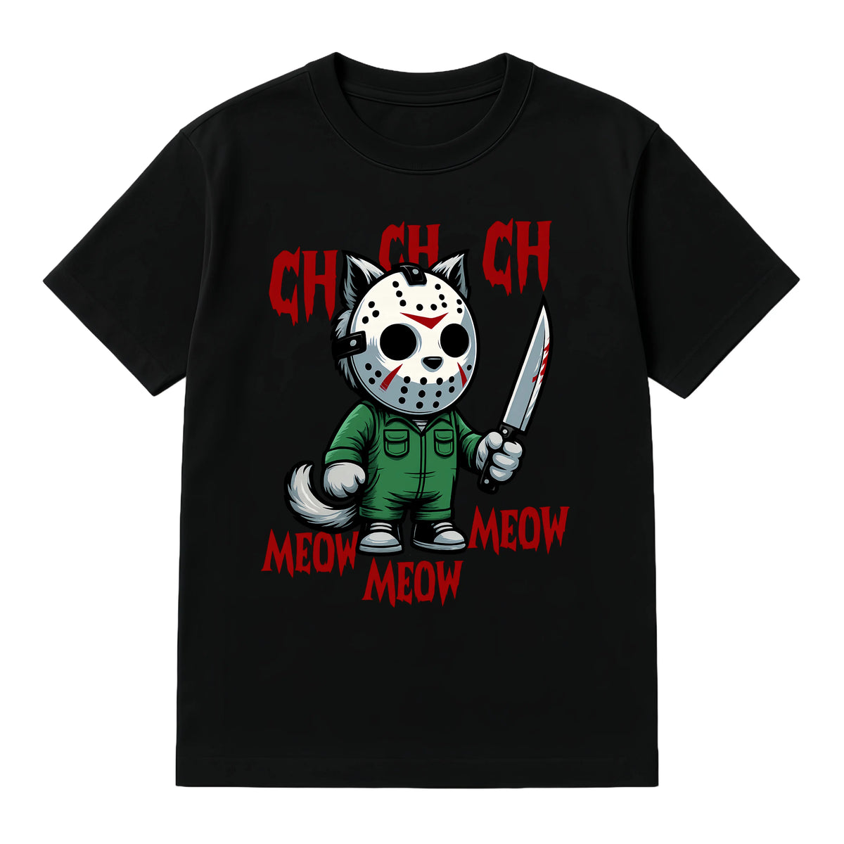 MEOW Scary Cat Print Short Sleeve Unisex Oversized Gothic Y2K Halloween Gift Soft Cotton Loose Fit Casual Top - View 1