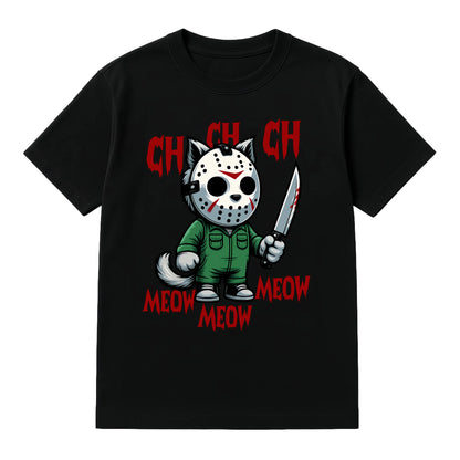 MEOW Scary Cat Print Short Sleeve Unisex Oversized Gothic Y2K Halloween Gift Soft Cotton Loose Fit Casual Top - View 1