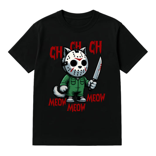 MEOW Scary Cat Print Short Sleeve Unisex Oversized Gothic Y2K Halloween Gift Soft Cotton Loose Fit Casual Top - View 1