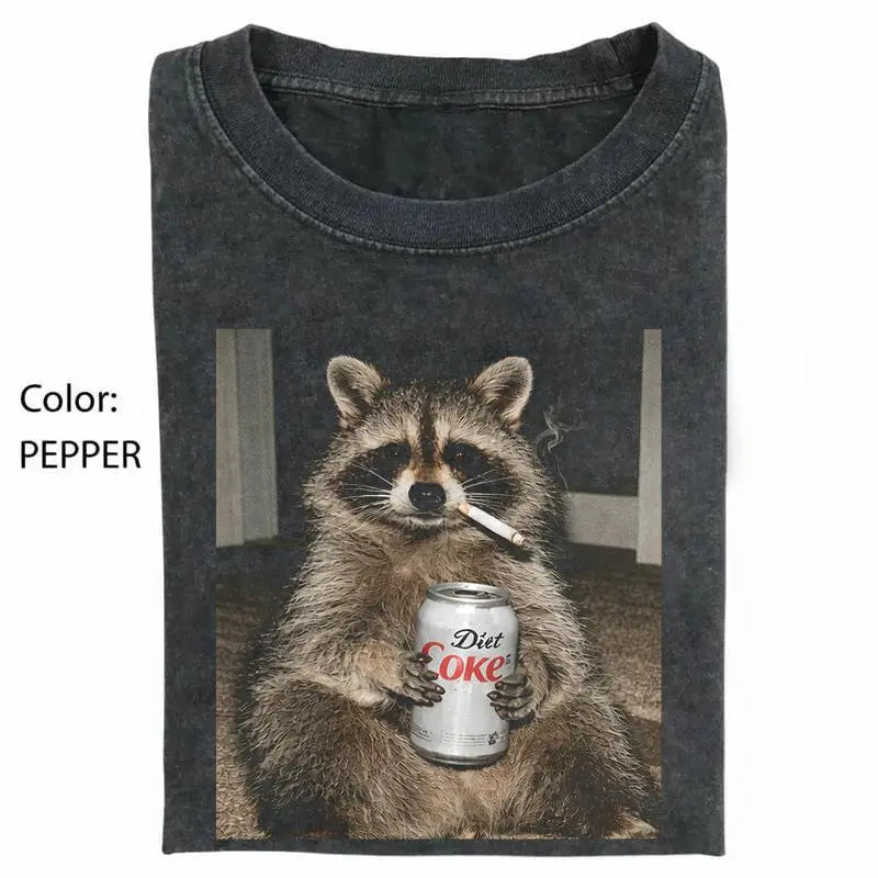 Three Raccoons Diet Coke Smoking Comfort Colors T-Shirt with a funny Gen Z dank meme vibe, trendy cotton streetwear top and playful graphic gift for men and women alike. Classic Menswear - View 6