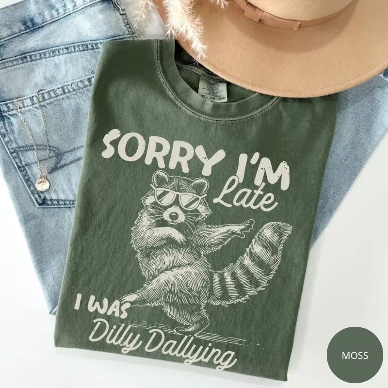 Comfort Colors Funny Raccoon Sorry I'm Late I Was Dilly Dallying T-Shirt, Sarcastic Humor Tee, Cute Trash Panda Graphic Shirt, Trendy Meme Gift - View 3