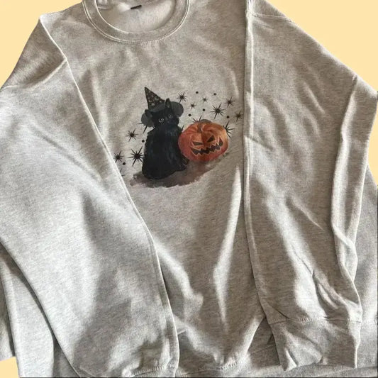 Spooky Cat Crewneck - VINTAGE WASH Halloween Spooky Season Ash Gray Sweatshirt - Black Cat and Pumpkin Crewneck - View 1