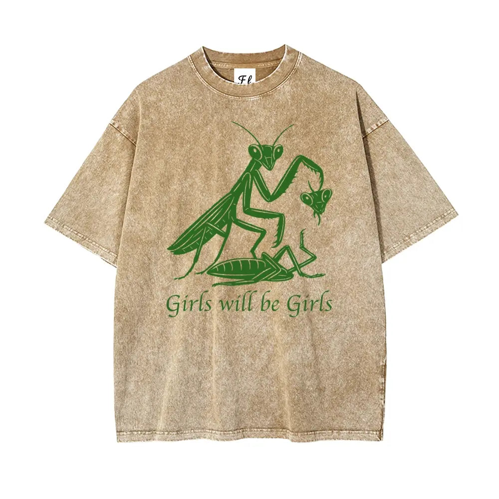 Mens Oversized Casual Graphic Tee - Unisex Vintage Washed 100% Soft Cotton Baggy Loose Top, Round Neck, Short Sleeve, "Girls Will Be Girls" Print, Mensfashion Retro Streetwear T-Shirt - View 8