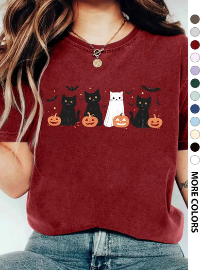 Women's Halloween Themed Cartoon Cat, Bat & Pumpkin Print Round Neck Tee, Cute Casual Fashion Fitted Drop Shoulder Short Sleeve T-shirt for Daily Wear, Ladies Clothes for All Seasons - View 16