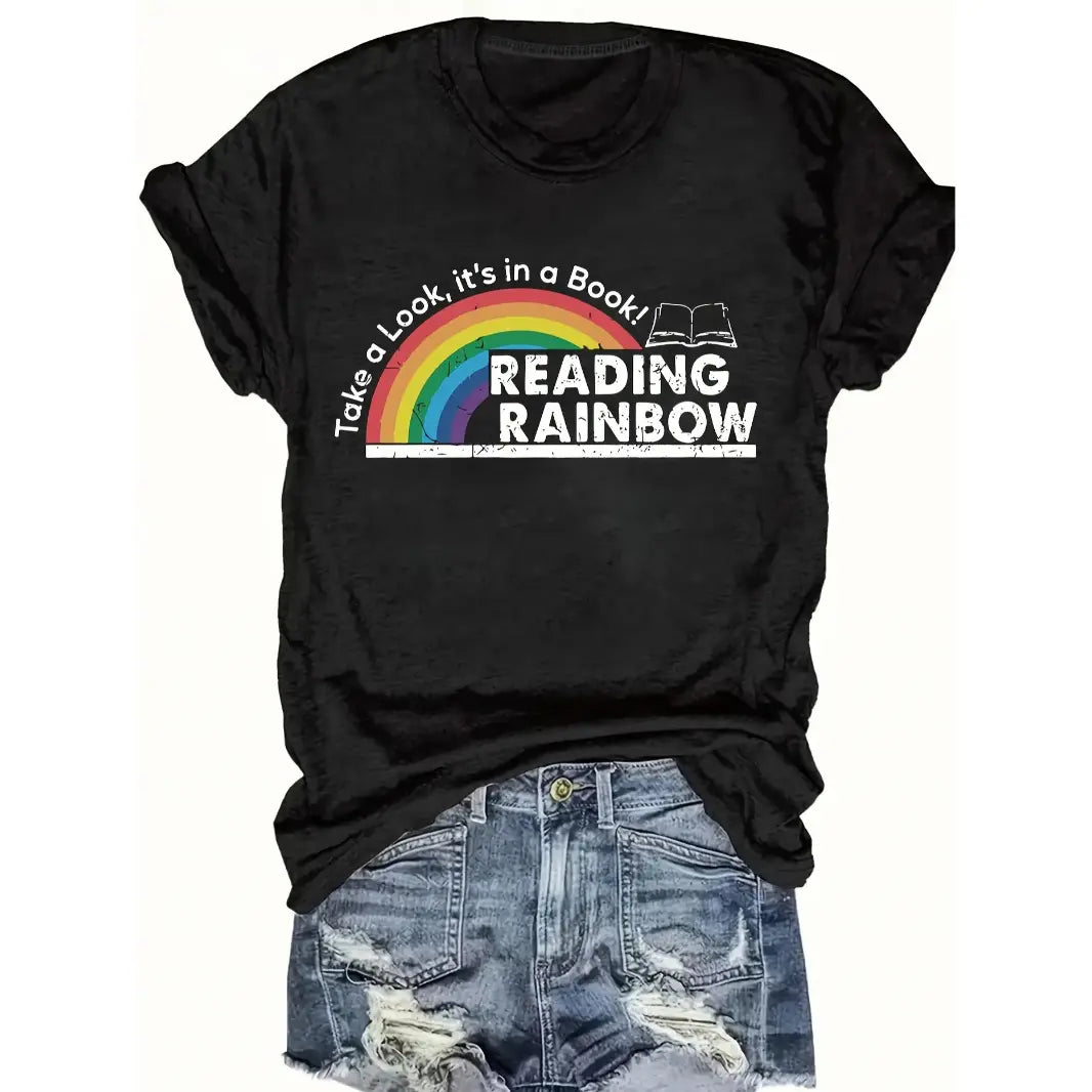 Women's Fitted Cotton Crew Neck Short-Sleeve Rainbow Tee - Soft Breathable Casual Summer Top with Vibrant Print, Vivid HD Print, Retro Style for Reading Lovers, Valentine's Day Party Streetwear - View 1