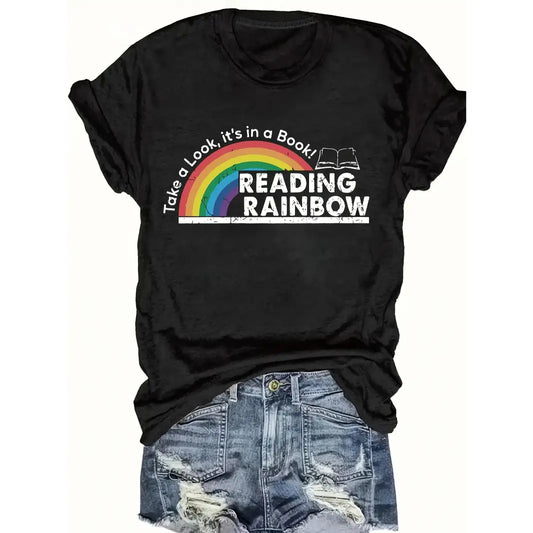 Women's Fitted Cotton Crew Neck Short-Sleeve Rainbow Tee - Soft Breathable Casual Summer Top with Vibrant Print, Vivid HD Print, Retro Style for Reading Lovers, Valentine's Day Party Streetwear - View 1