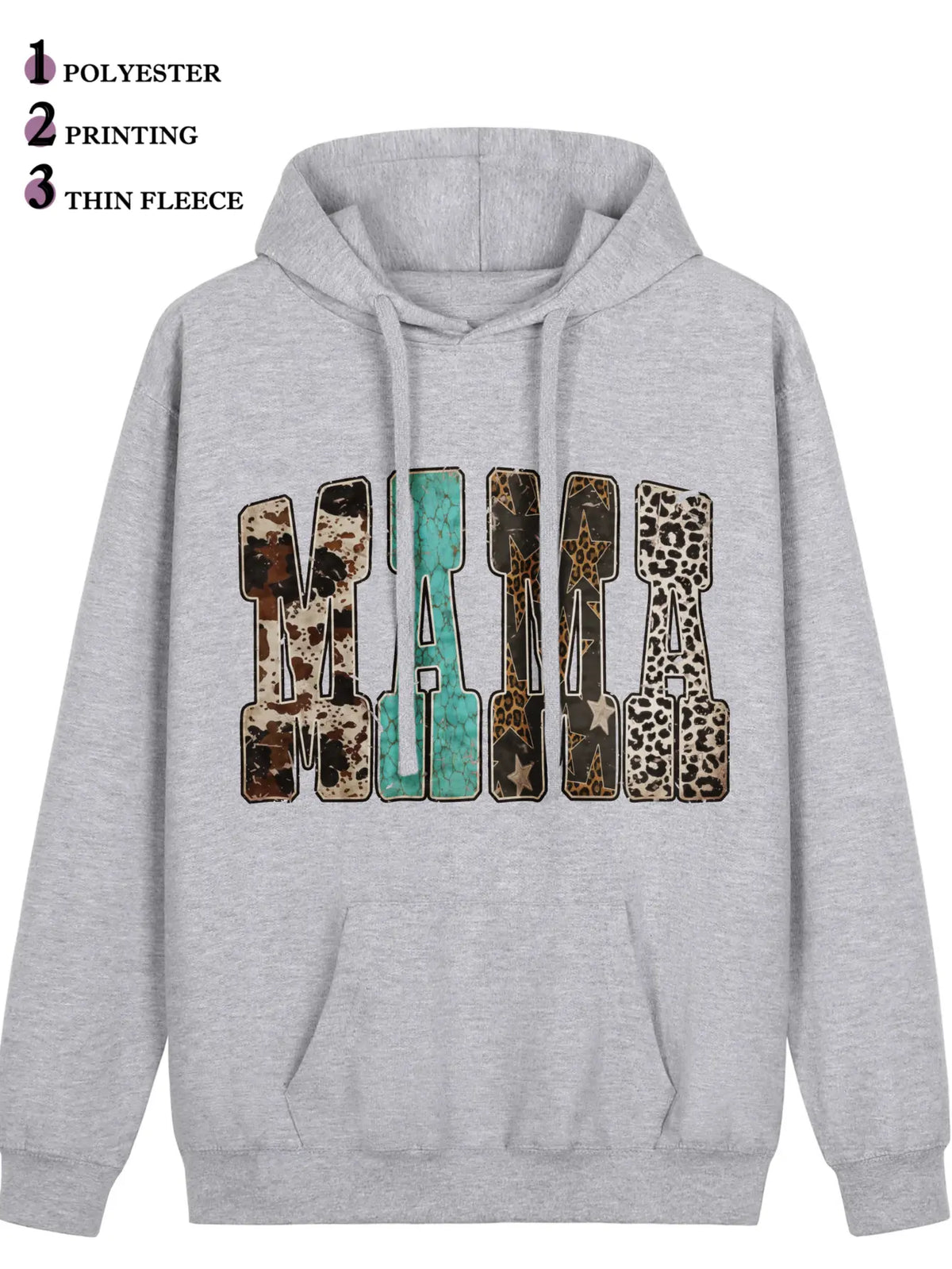 Women's Western Mama Graphic Pullover Hoodie - Cotton Blend, All-Seasons, Casual Vintage, Medium Cut, Country Leopard/Cow Print, Turquoise Letter, Pocketed, Cozy Loose Tops, Winter Outfits, Mother's Day Gift, Women's Clothing, Leopard Stuff - View 5