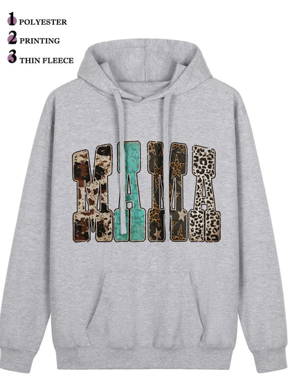 Women's Western Mama Graphic Pullover Hoodie - Cotton Blend, All-Seasons, Casual Vintage, Medium Cut, Country Leopard/Cow Print, Turquoise Letter, Pocketed, Cozy Loose Tops, Winter Outfits, Mother's Day Gift, Women's Clothing, Leopard Stuff - View 5