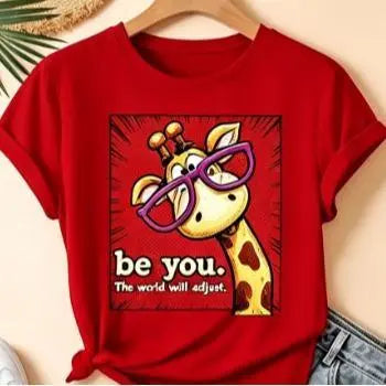Lady's Unisex Everyday Shortleeve T-Shirt - Cartoon Giraffe with Exaggerated Pink Frame Glasses Print, Crew Neck, Versatile Vintage Fabric Top for Commute, Vacation (Spring/Summer/Fall) #SummerVibes Womenswear, Shortsleeve - View 11