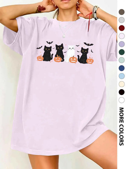 Women's Halloween Themed Cartoon Cat, Bat & Pumpkin Print Round Neck Tee, Cute Casual Fashion Fitted Drop Shoulder Short Sleeve T-shirt for Daily Wear, Ladies Clothes for All Seasons - View 21