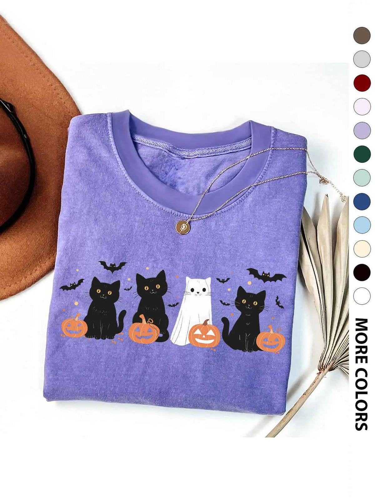 Women's Halloween Themed Cartoon Cat, Bat & Pumpkin Print Round Neck Tee, Cute Casual Fashion Fitted Drop Shoulder Short Sleeve T-shirt for Daily Wear, Ladies Clothes for All Seasons - View 2