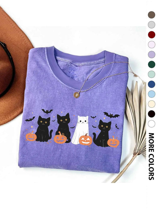 Women's Halloween Themed Cartoon Cat, Bat & Pumpkin Print Round Neck Tee, Cute Casual Fashion Fitted Drop Shoulder Short Sleeve T-shirt for Daily Wear, Ladies Clothes for All Seasons - View 2