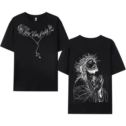 Men's Vintage Washed Oversized Round Neck Cotton T-Shirt - Bold Jesus Graphic, Distressed Christian Clothing, Basic Faith-Based Fashion, Casual Short-Sleeve Holiday Summer Top - View 9
