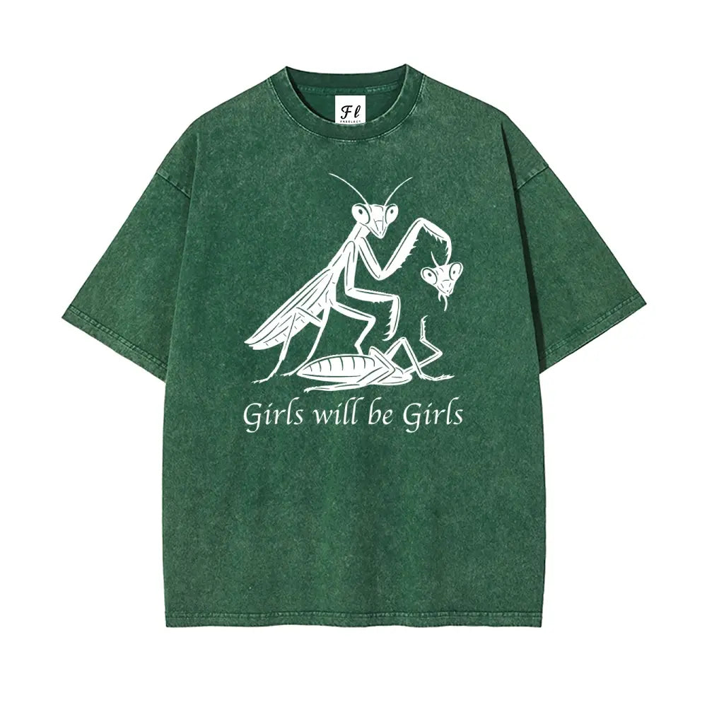 Mens Oversized Casual Graphic Tee - Unisex Vintage Washed 100% Soft Cotton Baggy Loose Top, Round Neck, Short Sleeve, "Girls Will Be Girls" Print, Mensfashion Retro Streetwear T-Shirt - View 12